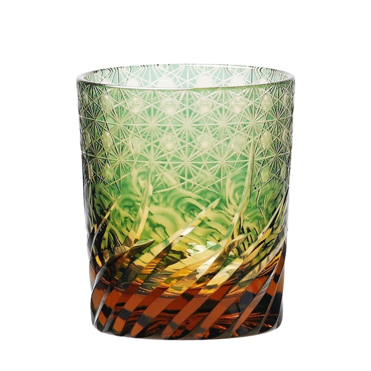 Edo Kiriko whiskey glass with green and amber base, showcasing hand-cut star and wave motifs