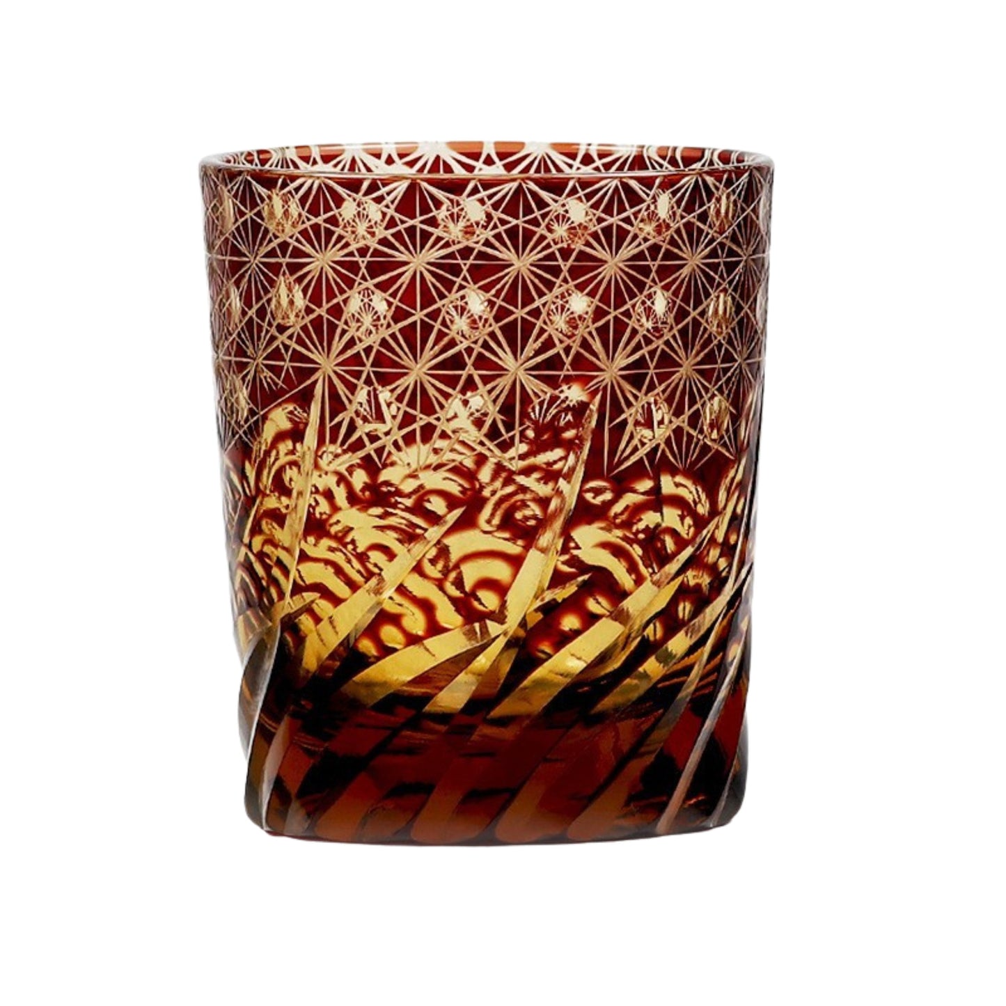 Edo Kiriko whiskey glass with red and amber body, detailed with traditional Japanese star pattern