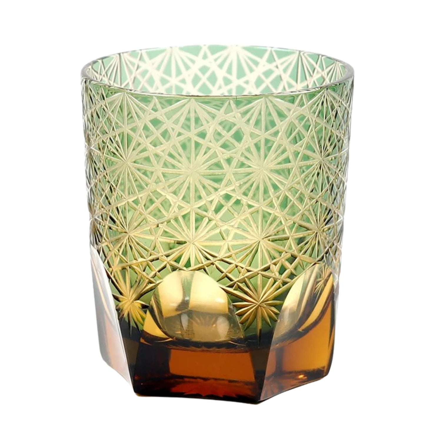 Green glass – "Edo Kiriko whiskey glass – Asanoha pattern – green and amber crystal"