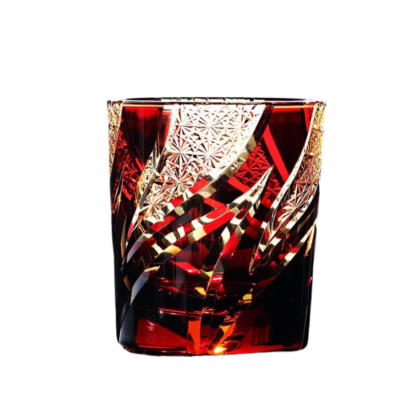 Homura Edo Kiriko whiskey glass – vibrant red with gold accents and fine engraved waves.