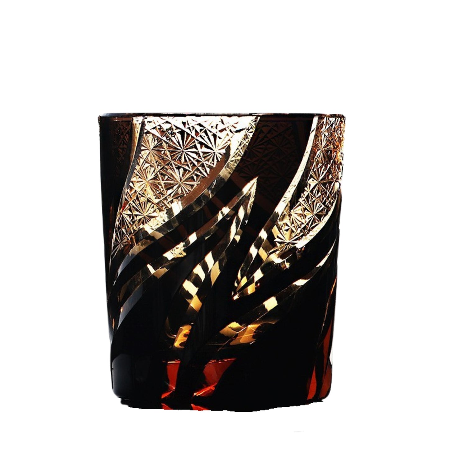 Homura Edo Kiriko whiskey glass – black base with gold pattern and deep red highlights.
