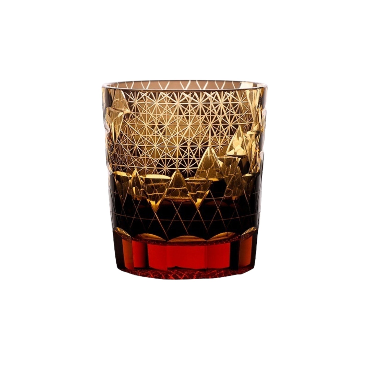 Gold Edo Kiriko whiskey glass with engraved geometric motif and clear base