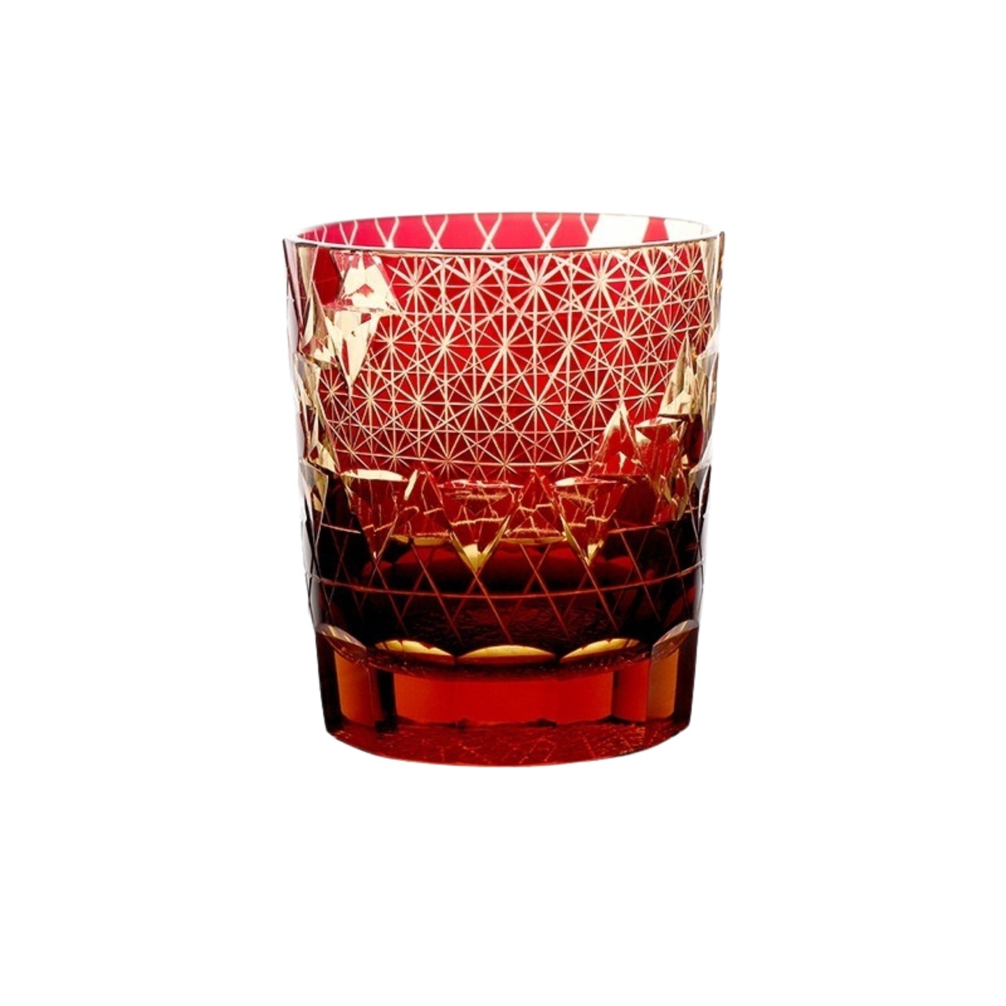 Red Edo Kiriko whiskey glass with intricate gold cut pattern on transparent base