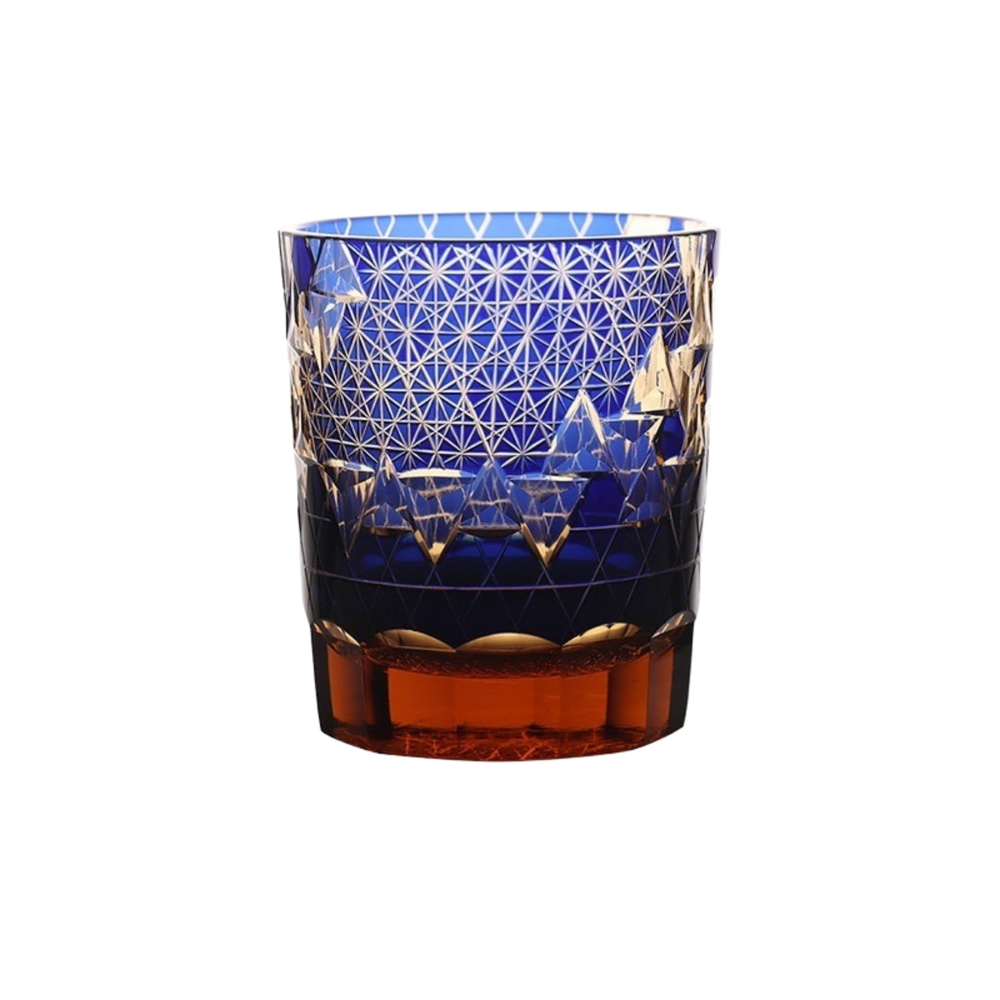 Blue handcrafted whiskey glass with gold latticework and amber base