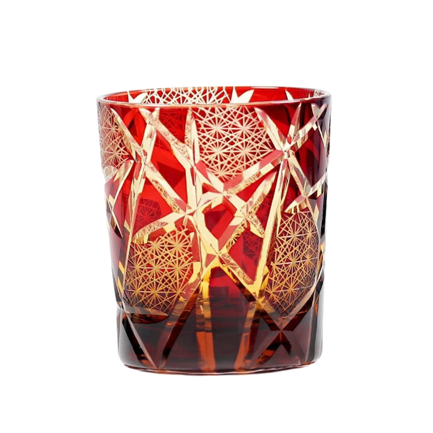 Red Edo Kiriko whiskey glass with gold leaf-inspired cut design
