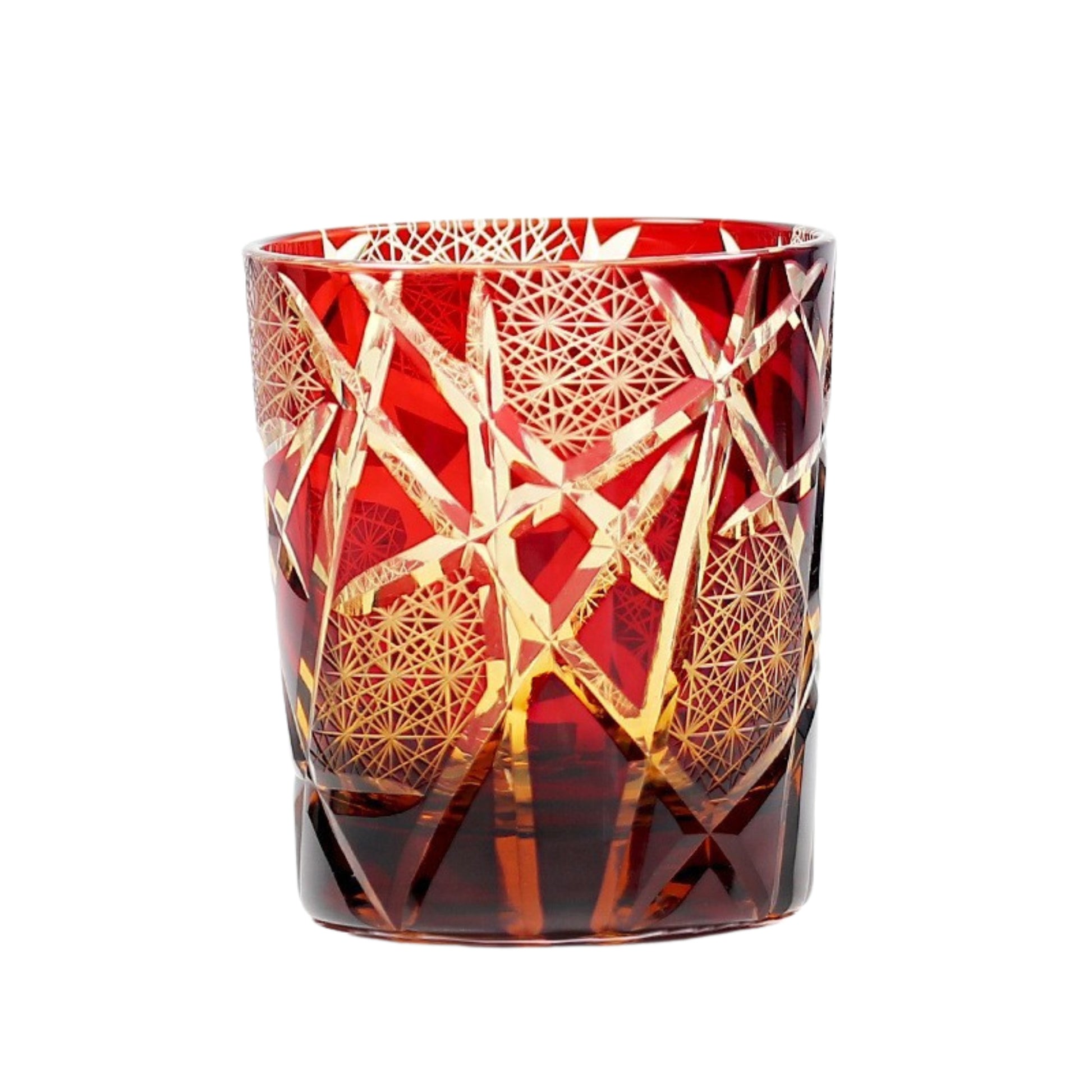 Red Edo Kiriko whiskey glass with gold leaf-inspired cut design
