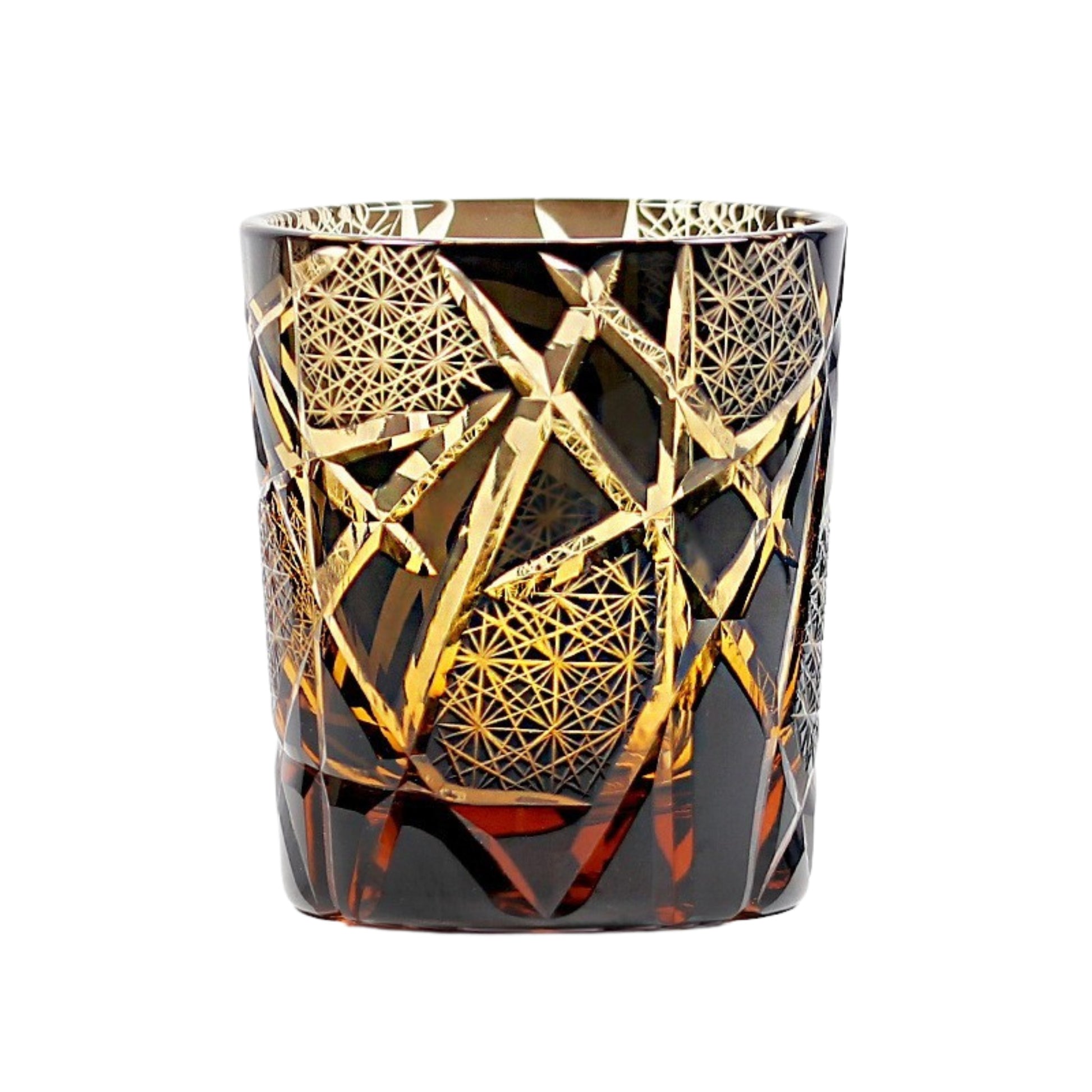Handmade Edo Kiriko whiskey glass in amber with intricate gold lattice design
