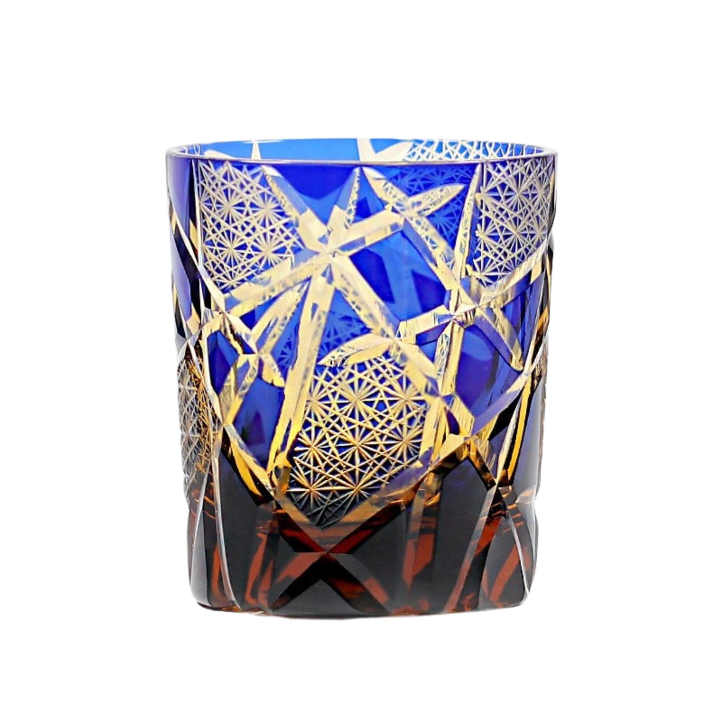 Blue Edo Kiriko whiskey glass with gold hand-carved geometric patterns
