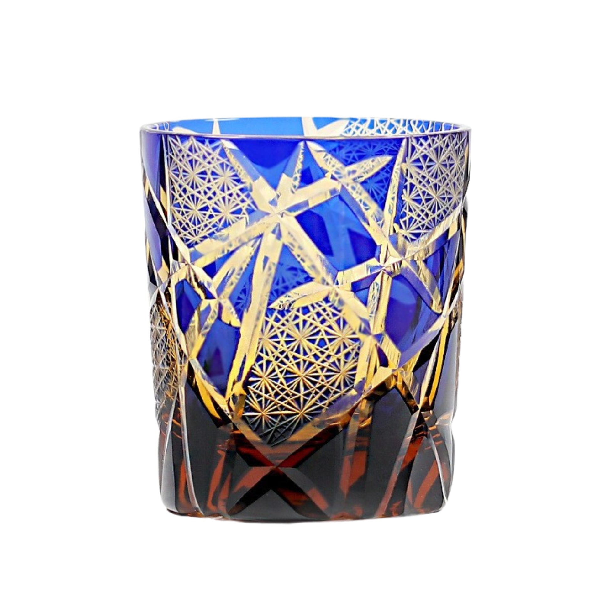 Blue Edo Kiriko whiskey glass with gold hand-carved geometric patterns
