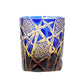 Blue Edo Kiriko whiskey glass with gold hand-carved geometric patterns

