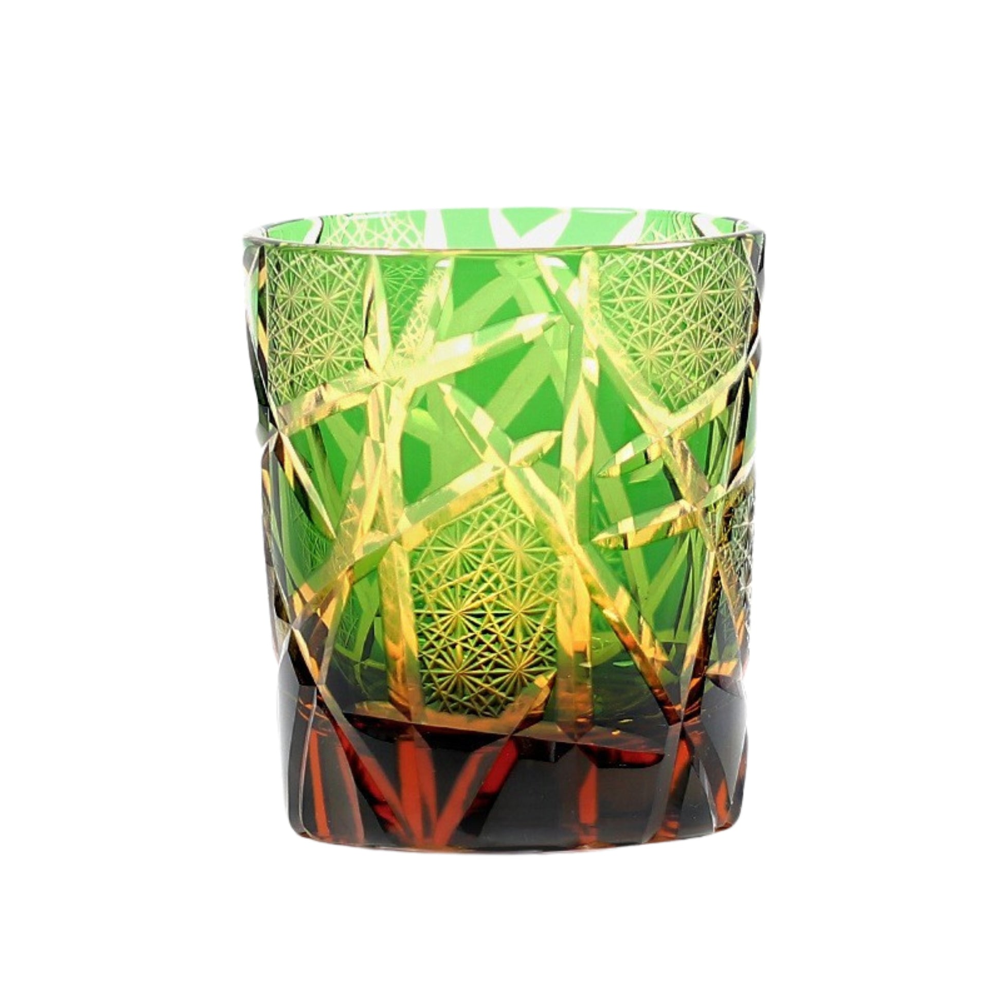 Green Edo Kiriko whiskey glass featuring traditional Japanese cut patterns
