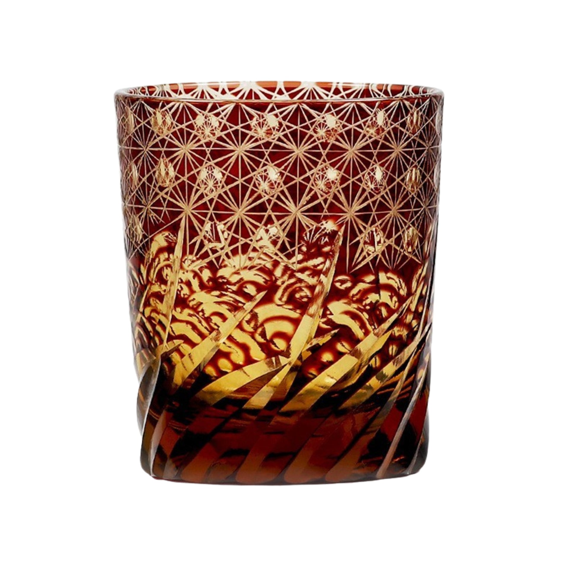 Edo Kiriko whiskey glass with red and amber body, detailed with traditional Japanese star pattern