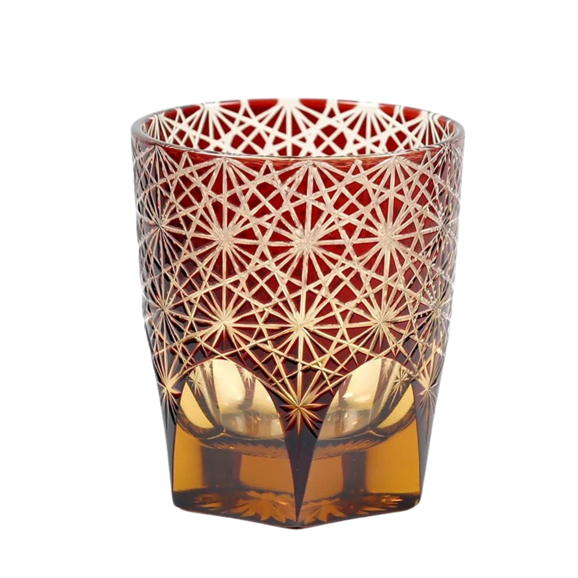 Red glass – "Edo Kiriko whiskey glass – Asanoha pattern – red and amber crystal"

