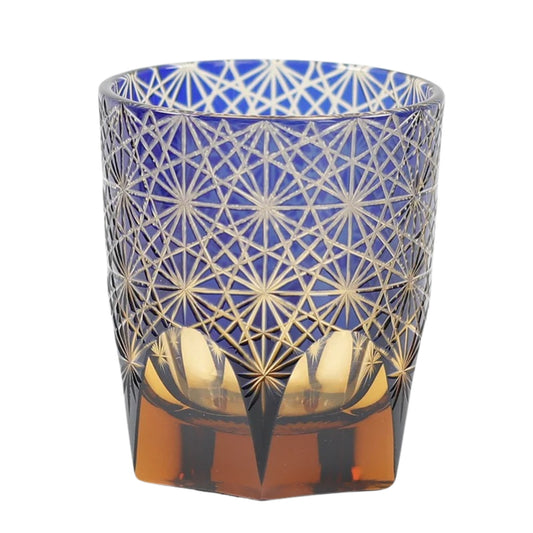 Blue glass – "Edo Kiriko whiskey glass – Asanoha pattern – blue and amber crystal"

