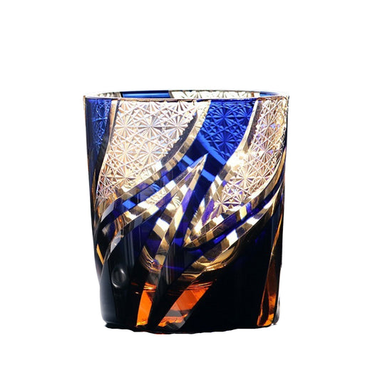 Homura Edo Kiriko whiskey glass – cobalt blue base with gold traditional cut patterns.

