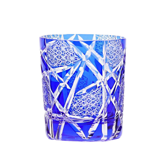 Transparent blue Edo Kiriko whiskey glass with intricate cut pattern
