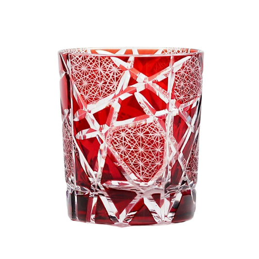 Transparent red Japanese whiskey glass with handcrafted Edo Kiriko detailing
