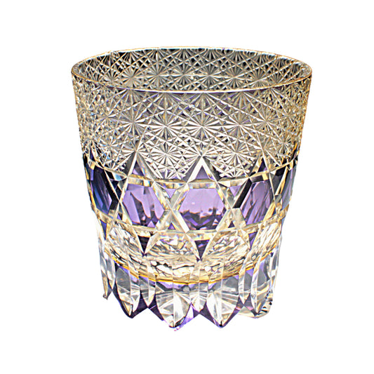 Violet Edo Kiriko whiskey glass with fine geometric engraving and diamond-cut base
