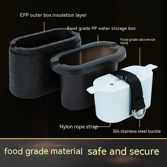Exploded view of whiskey ice mold showing EPP insulation, PP storage box, silicone mold, nylon strap, and stainless steel buckle.