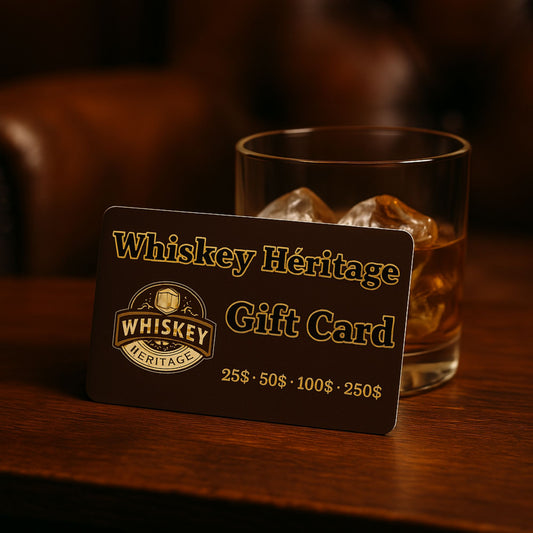 Whiskey Heritage gift card on a wooden table, with a glass of whiskey and ice cubes in the background.